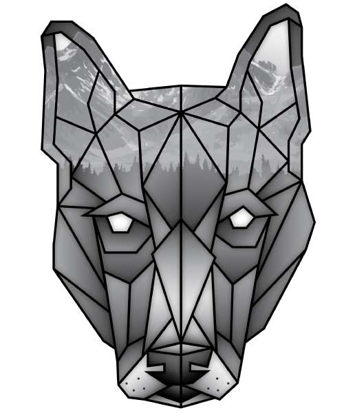 Black and white geometric dog logo with forest and mountains