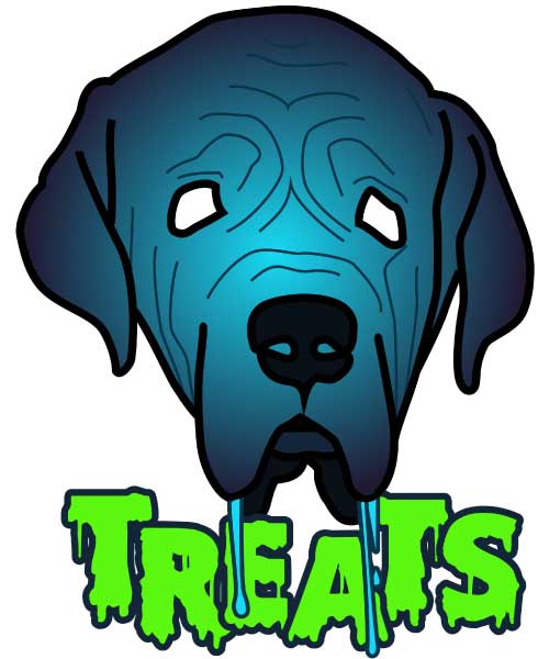 Drooling dog illustration with glowing TREATS text